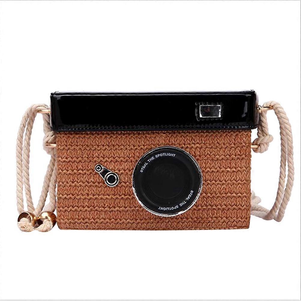 Straw Woven Bag Mini Camera Shape Shoulder Bag for Storage Use 3Pcs