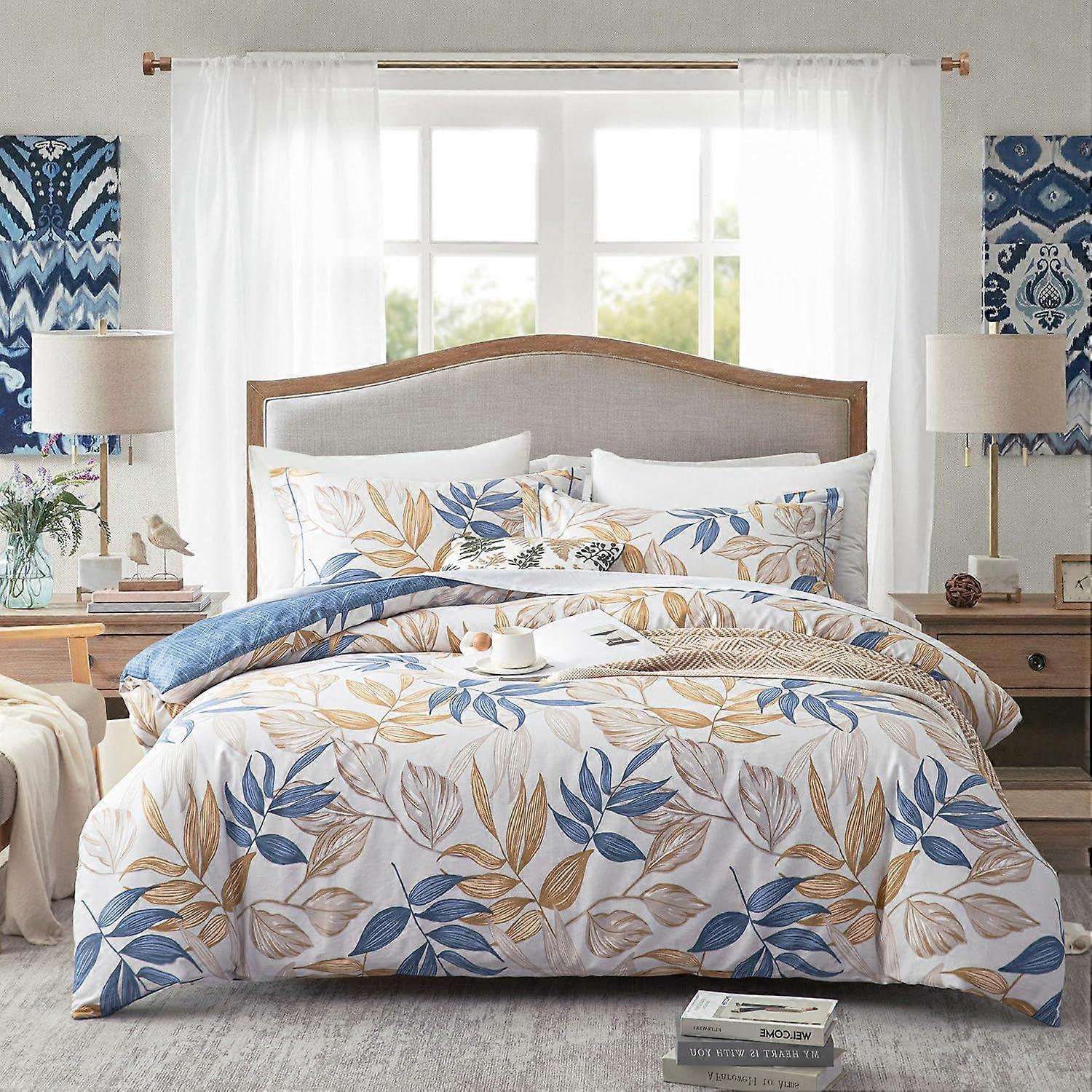 Blue Botanical Comforter Set Queen Size 3PC Reversible Cotton Bedding with Leafy Design