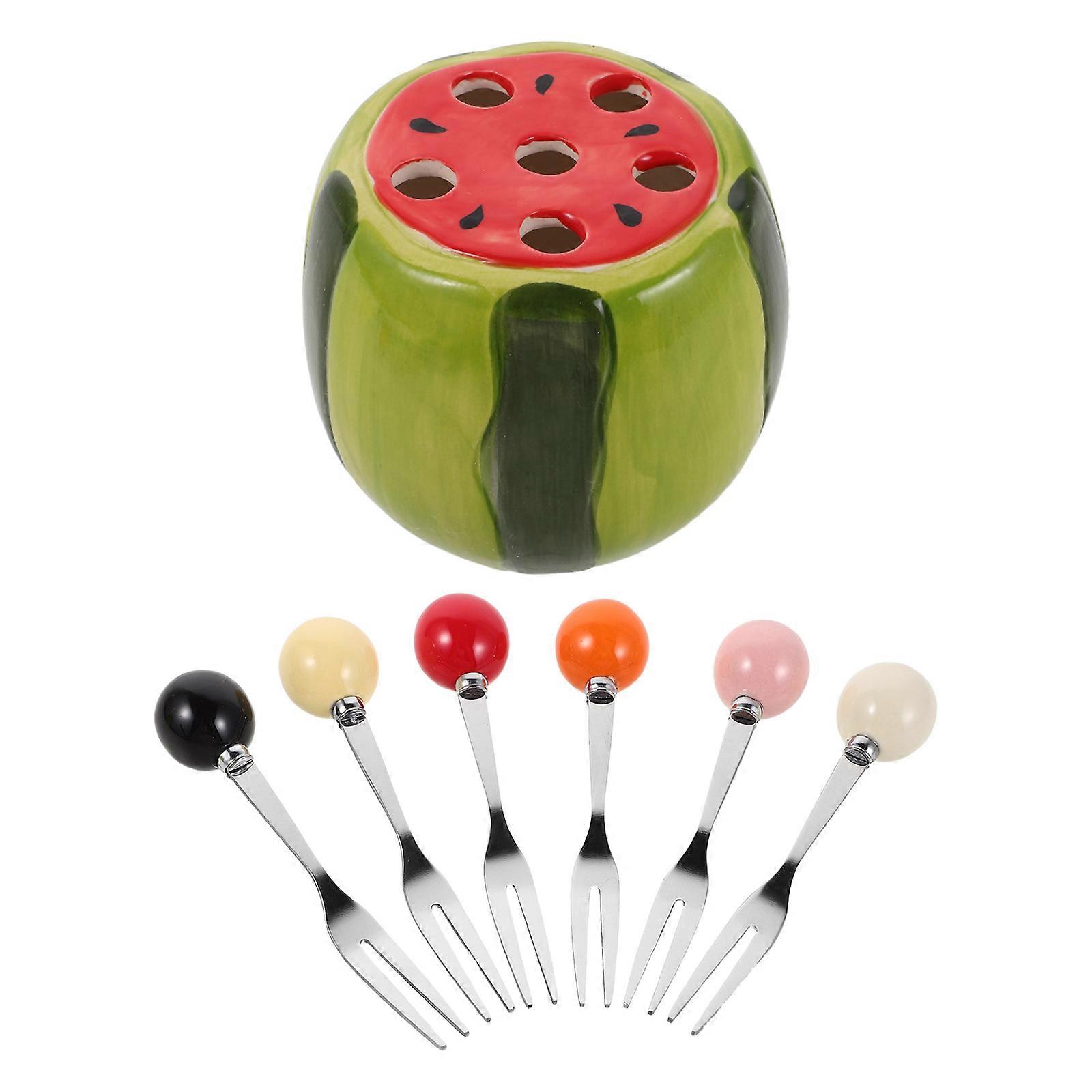 Watermelon Fork Set with Ceramic Jar for Fruit Serving 1Set Dessert Forks