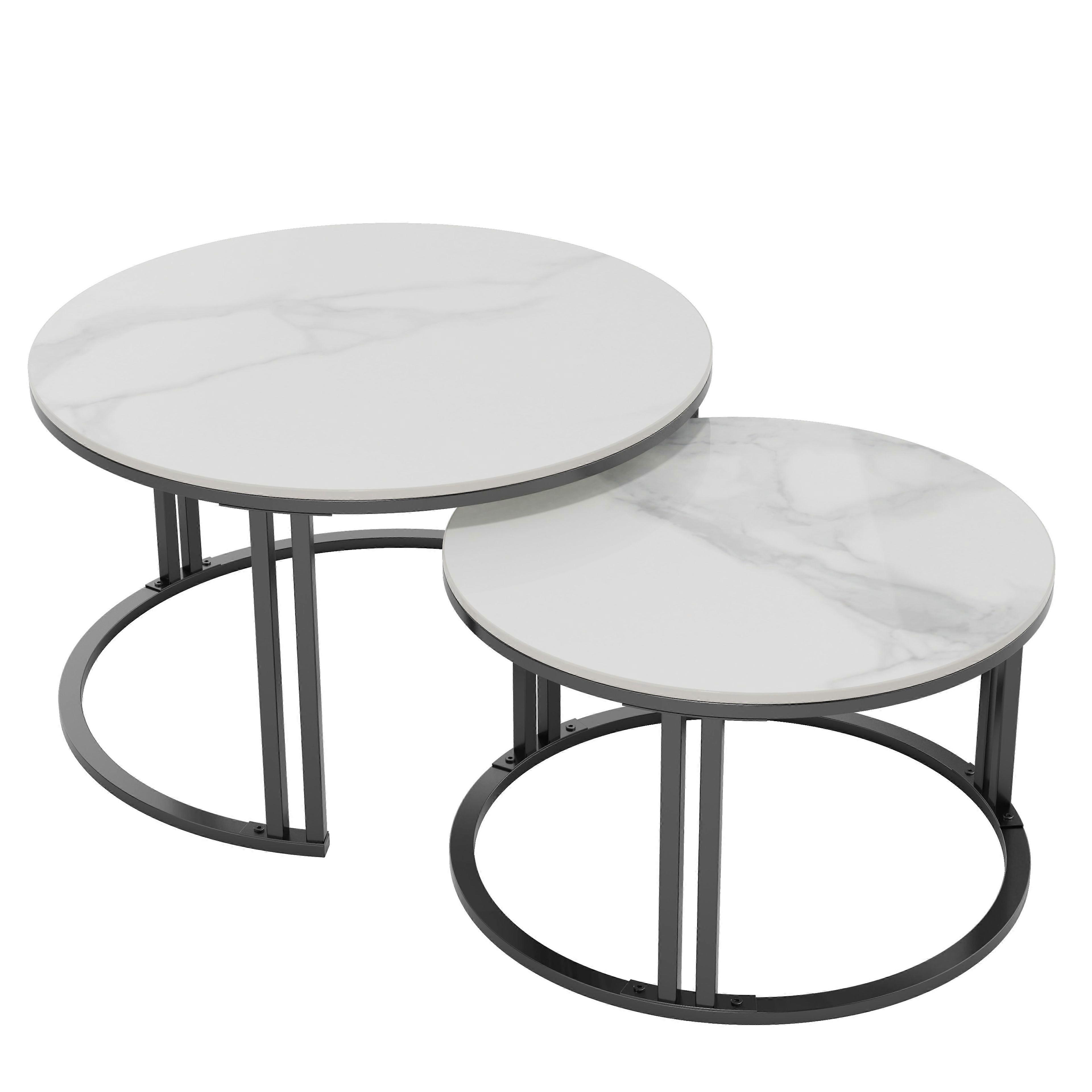 Set Of 2 Nesting Round Marble Coffee Table Stacking Accent Side Table