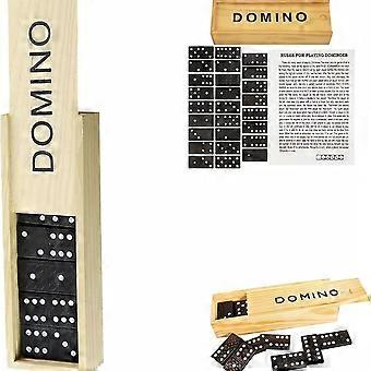 Wooden Domino Set 28-Piece, Push and Play Tabletop Domino Game, Black Pieces with White Dots in Storage Box, for Travel Camping Parties