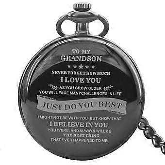 Black Quartz Pocket Watch Necklace Gift for Grandson Inspirational Engraved Chain