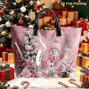 Snowman Print Tote Bag, Pink Christmas tree and pink snowman print, PVC and Polyester Shopper, 44 x 31 x 12.5 cm, for Gift Carrying and Errands
