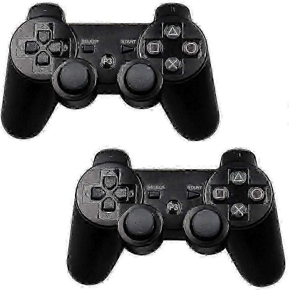 Two black PS3 wireless game controllers