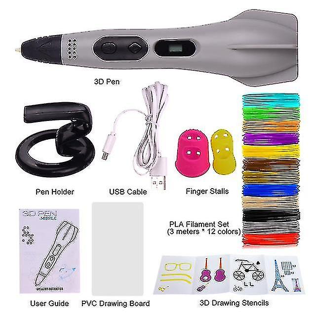 Professional 3d Pen With 12 Colors (118 Feet) 1.75mm Pla Filament Refills Lcd Screen Non-clogging 3d Drawing Printer Pen