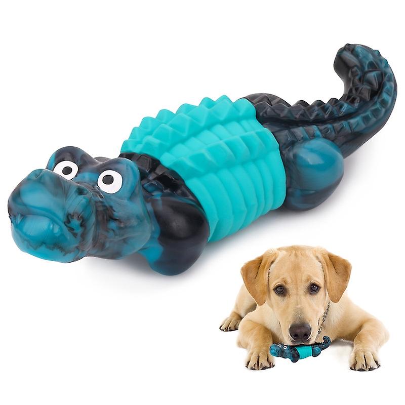 Blue crocodile-shaped dog toy with bacon flavor