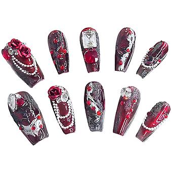 10pcs Woman Coffin False Nail Rose Decor Full Cover Removable Artificial Nail for Women and Girl Nail Salon at Home