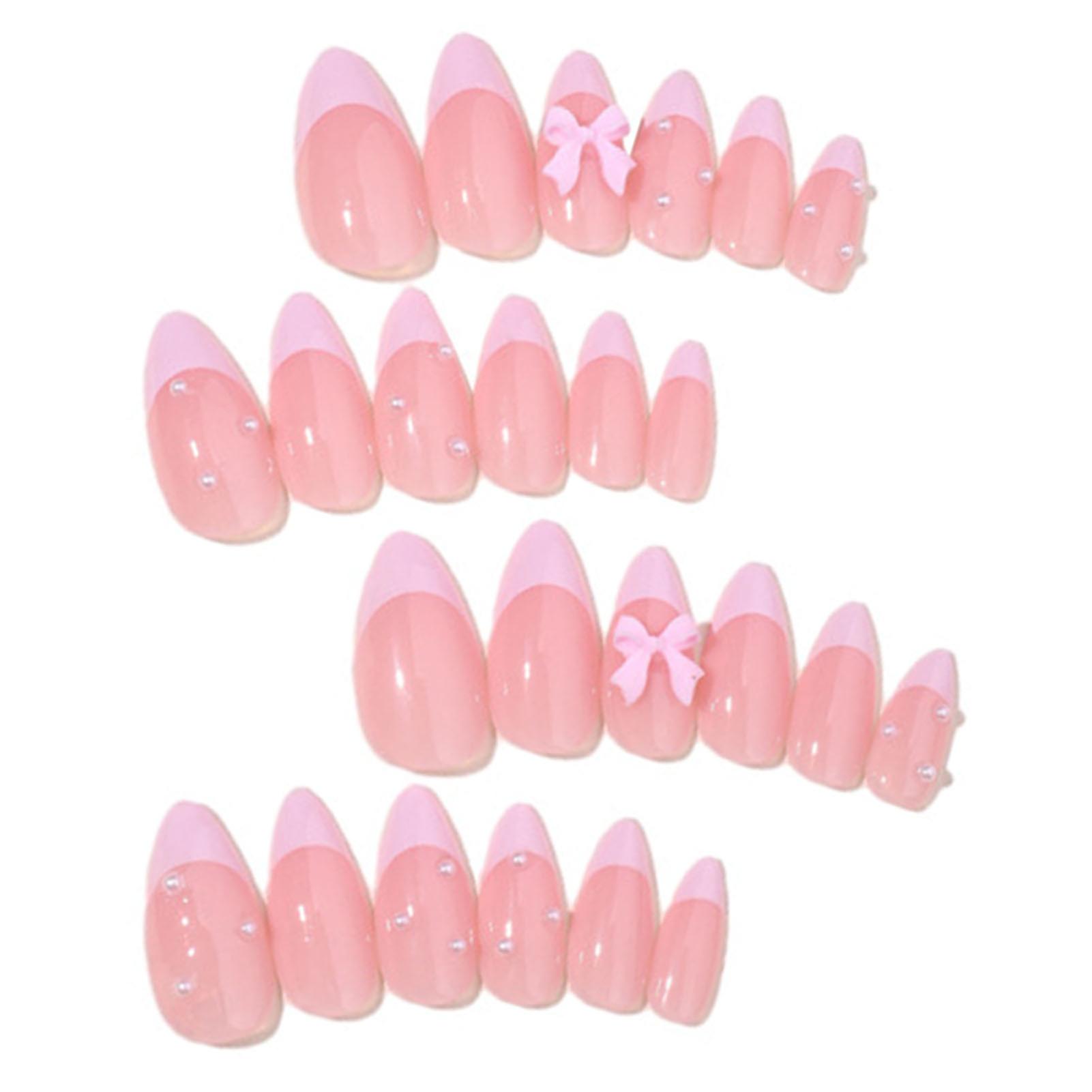 Pink Edge False Nails with 3D Bow Chip-Proof Smudge-Proof Fake Nails for Daily and Parties Wearing