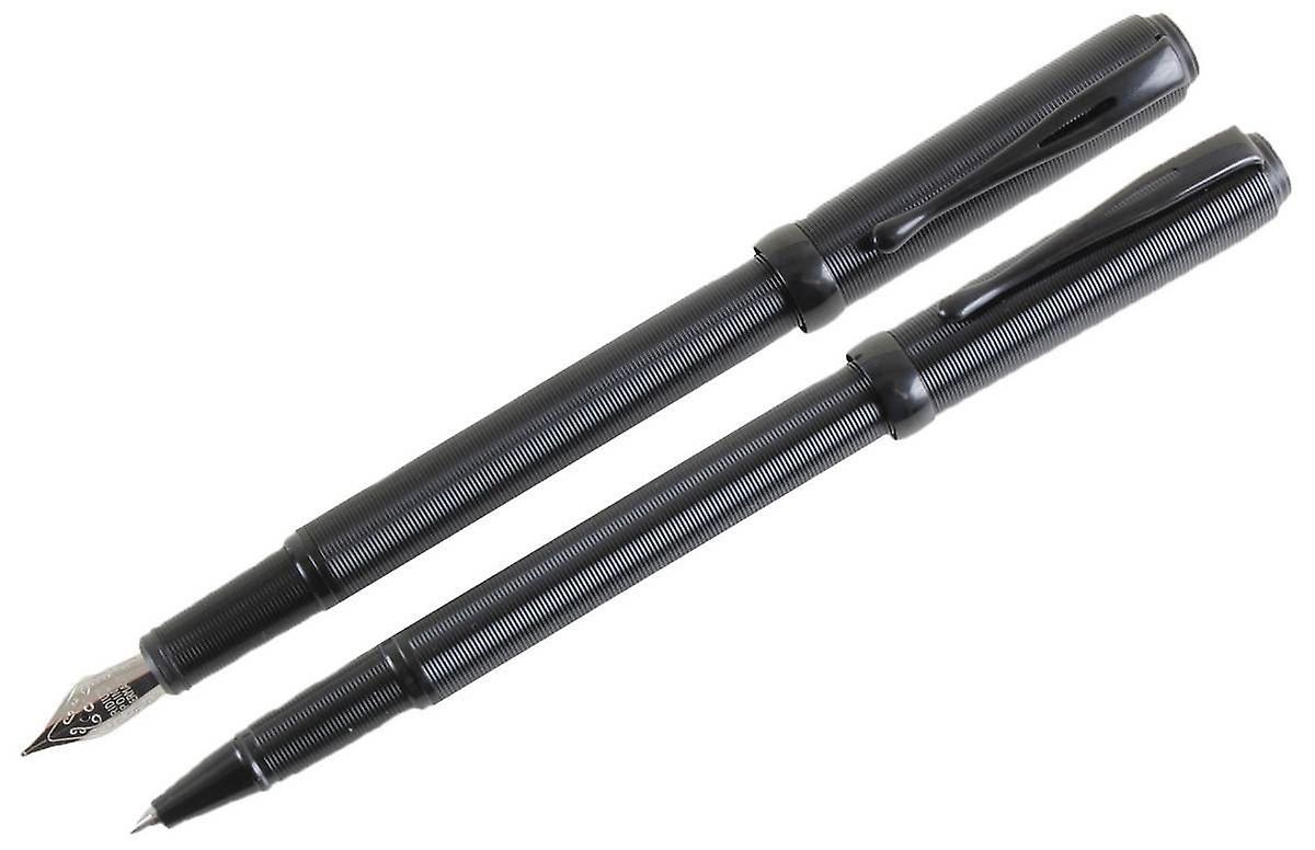 David Aster Ribbed Fountain Pen and Rollerball Pen Set - Black
