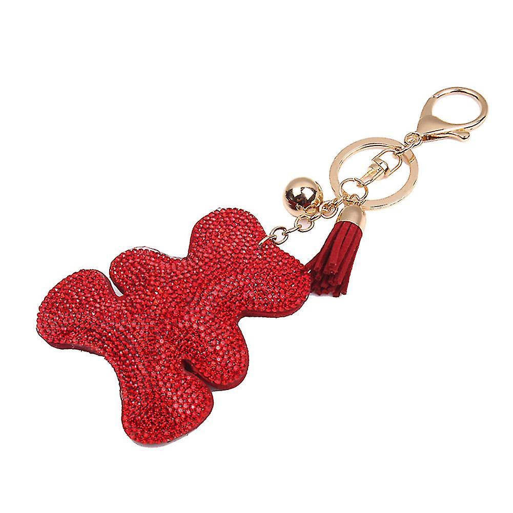 Cute Bear Tassel Pendant PU Leather Key Chain - Shinning Rhinestone Key Ring (Red)
