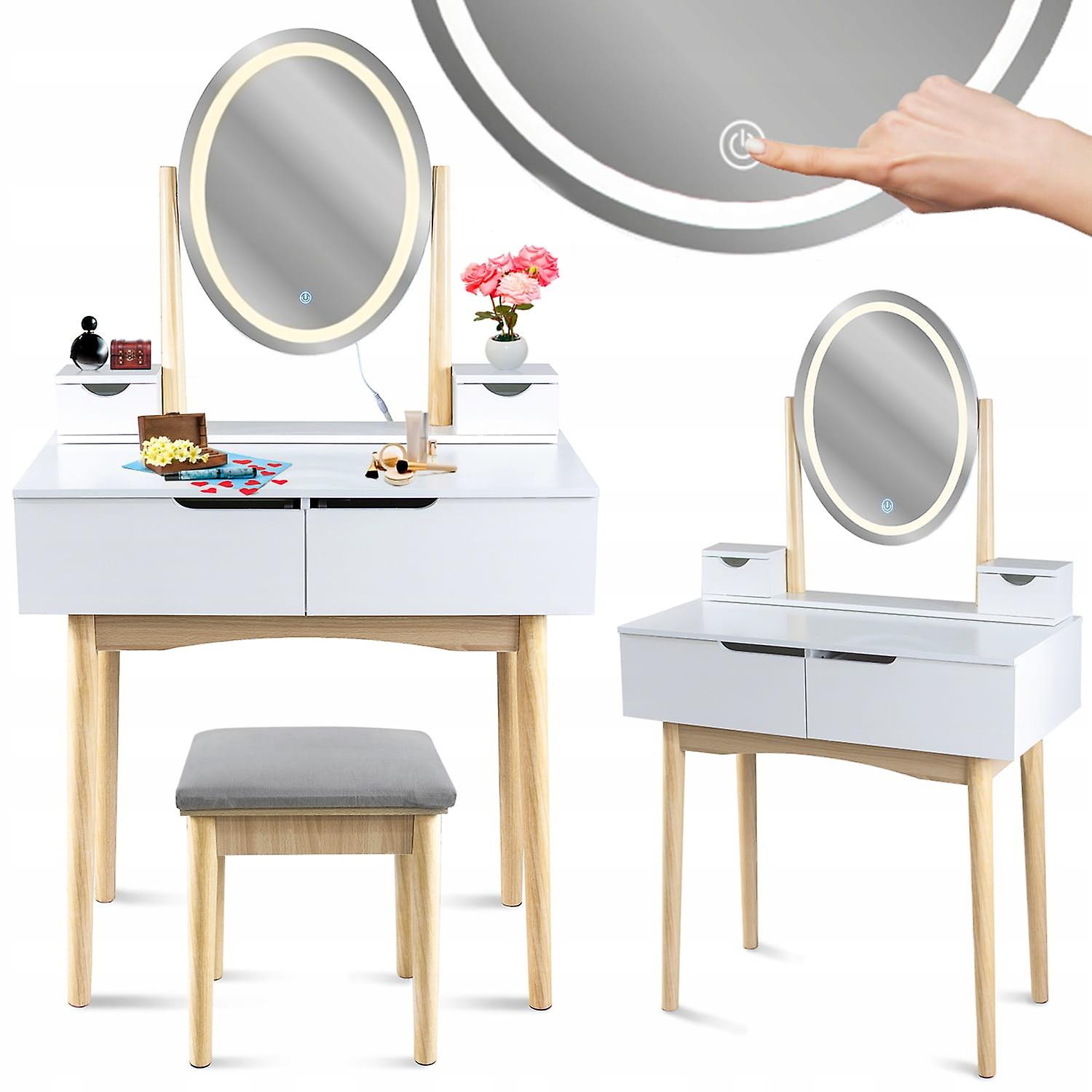 Mesa de maquillaje con espejo - luz y taburete - 80x40x142cm - blanco