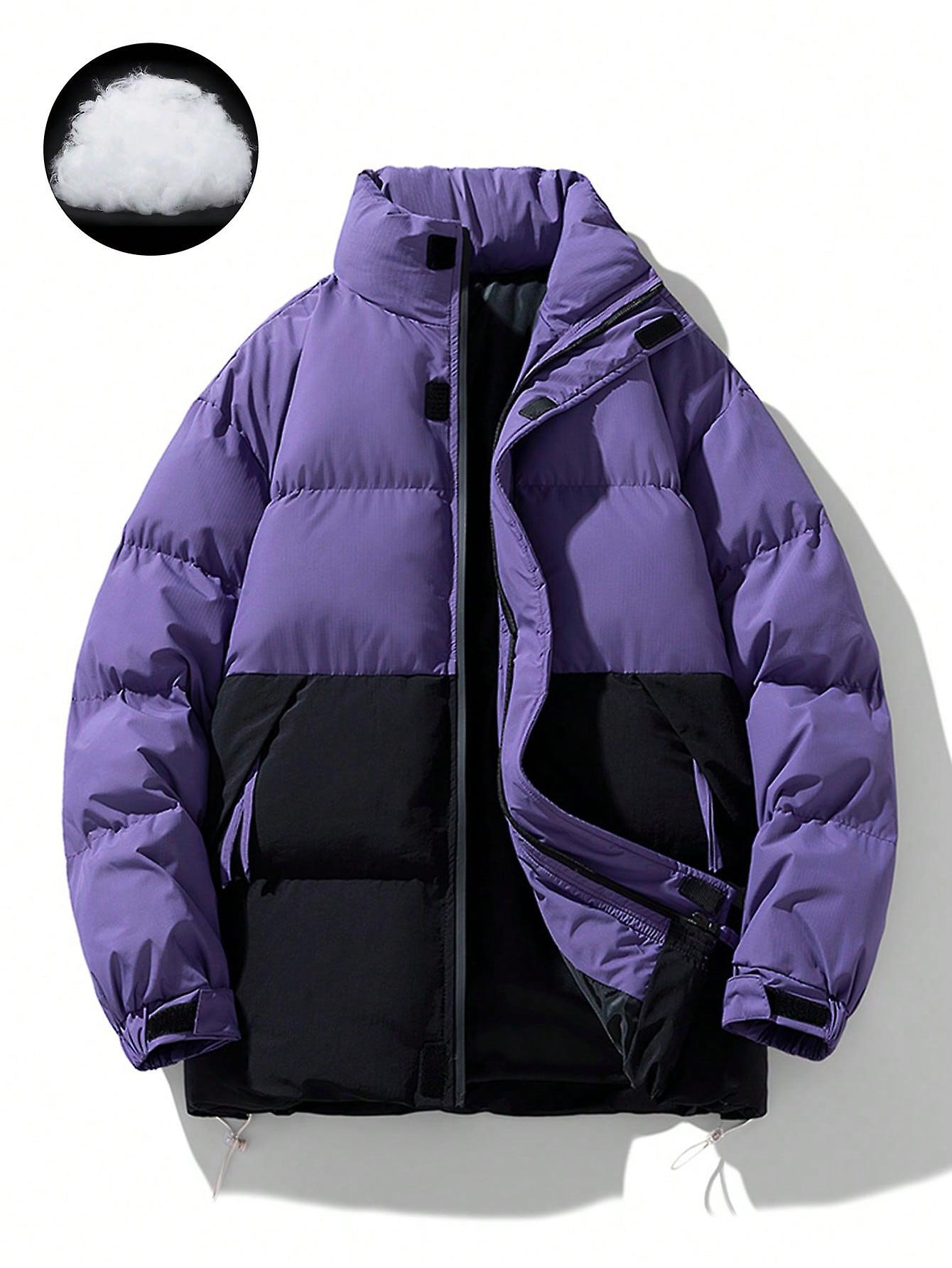 Men Two Tone Drawstring Hem Zipper Puffer Coat