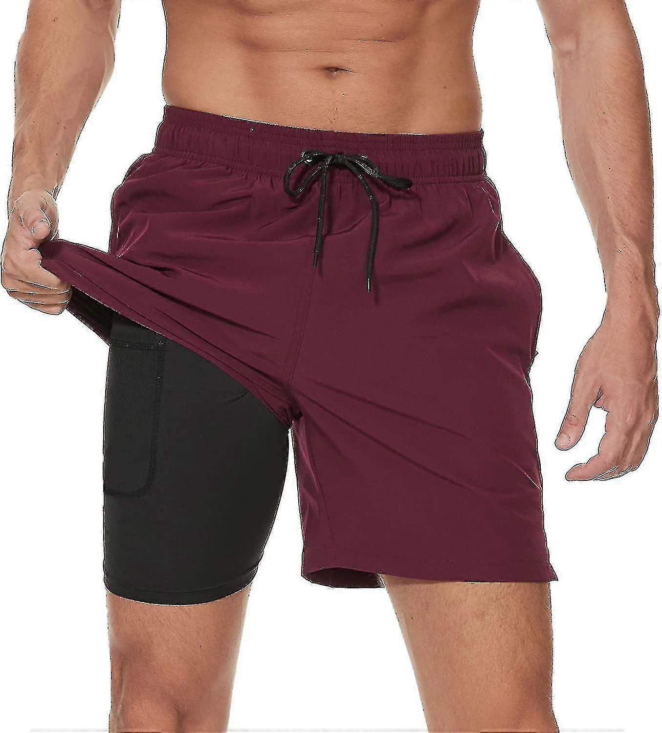 Men's Swim Trunks With Compression Liner 2 In 1 Quick Dry Mens Swim Shorts With Boxer Brief Lined Surfing Stretchy Beach Shorts With Zipper Pockets_gg