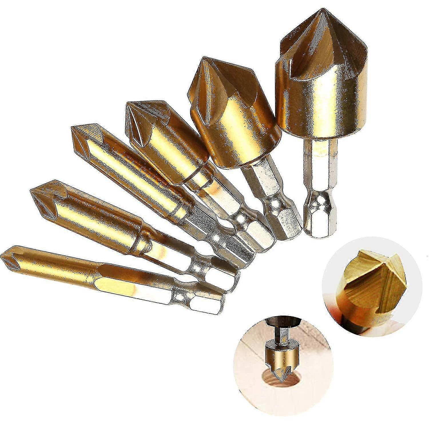 Countersink Drill Bit Set 6 Pcs 1/4#39;#39; Hex Shank Hss 5 Flute Countersink 90 Degree Center Punch Tool Sets For Wood Quick Change Bit 6mm-19mm