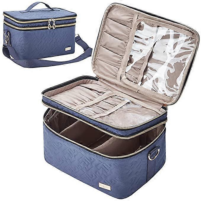 Double Layer Travel Makeup Bag with Strap, Large Cosmetic Case Organizer Fits Bottles Vertically, Top Layer for Brushes, Tweezers, Eyeliner, Pink