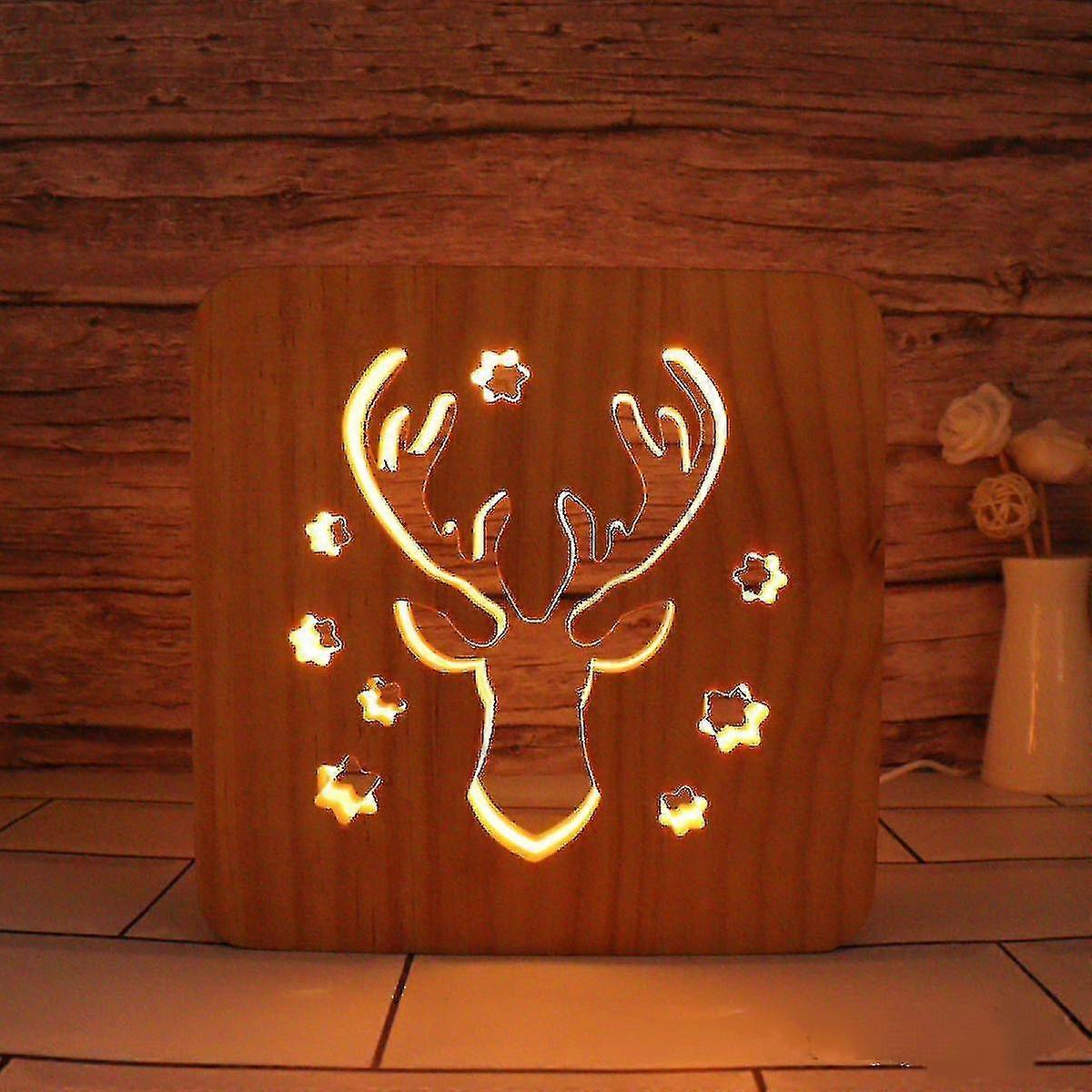 Deer Head Led Night Light Solid Wood Low Energy Used Button Switch Sof