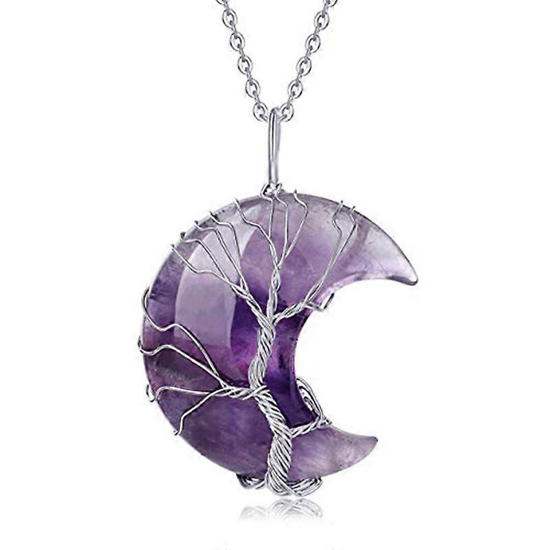 Tree of Life Wire Wrapped Crescent Moon Pendant Necklace Reiki Healing Crystal Stone Necklaces