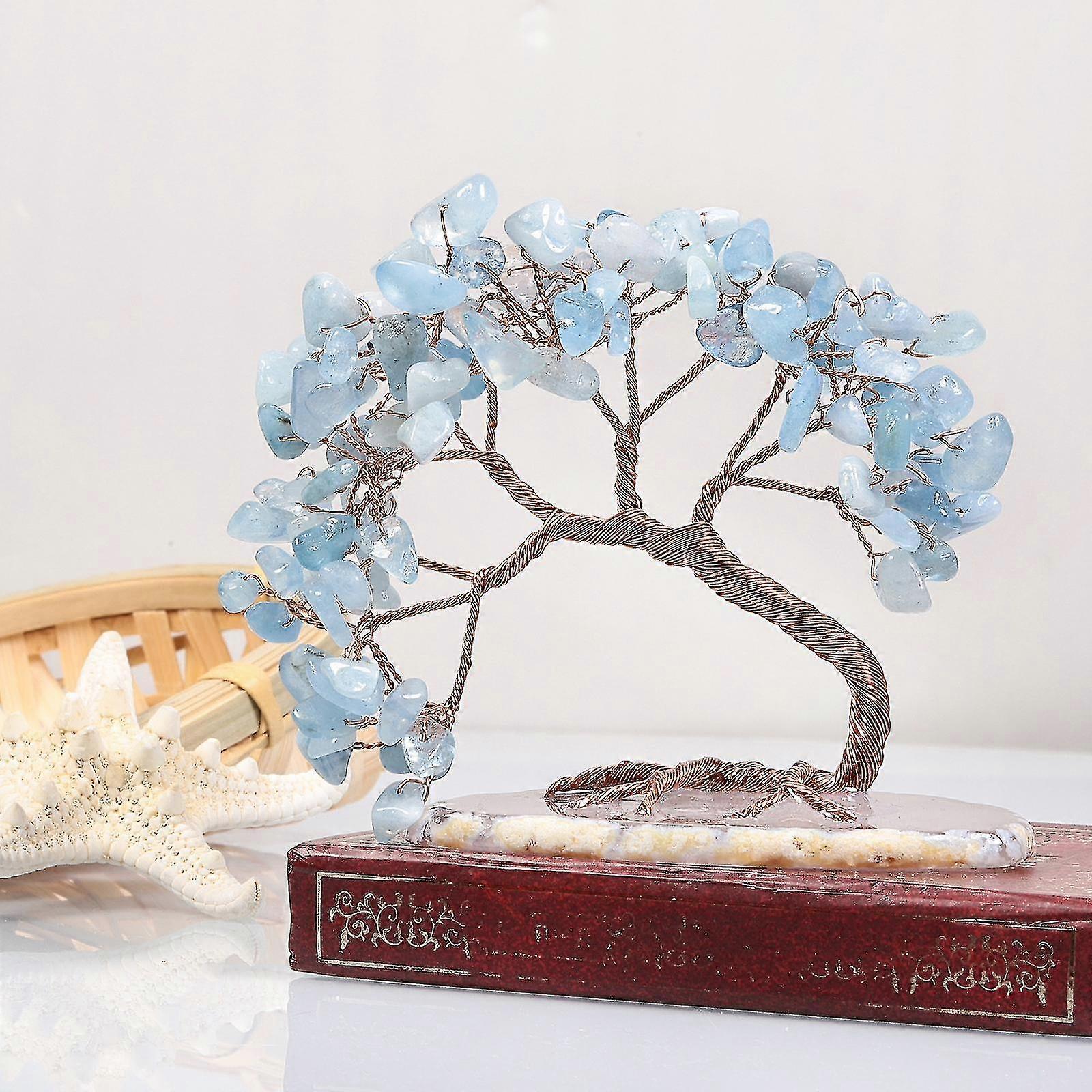 Handmade Colorized Crystal Money Tree For Good Luck Wealth Health, Figurine Bonsai On Natural Agate Slab