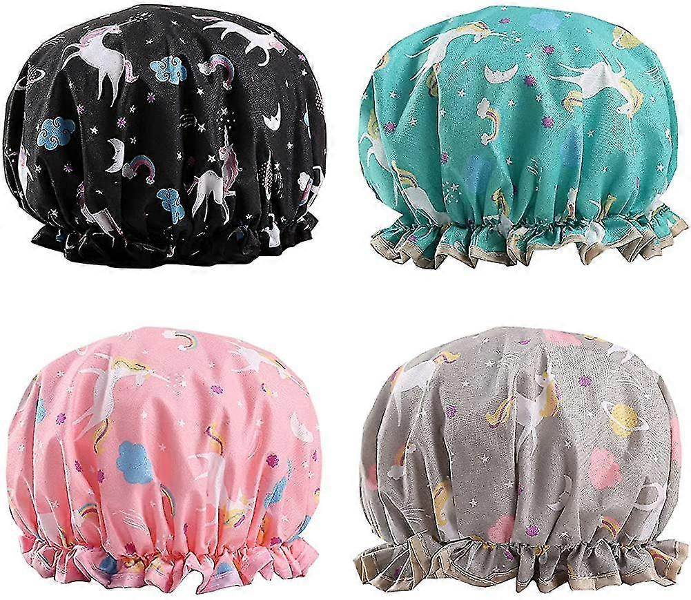 4 Pcs Shower Caps, Reusable Waterproof Shower Cap Polyester Unicorn Shower Caps