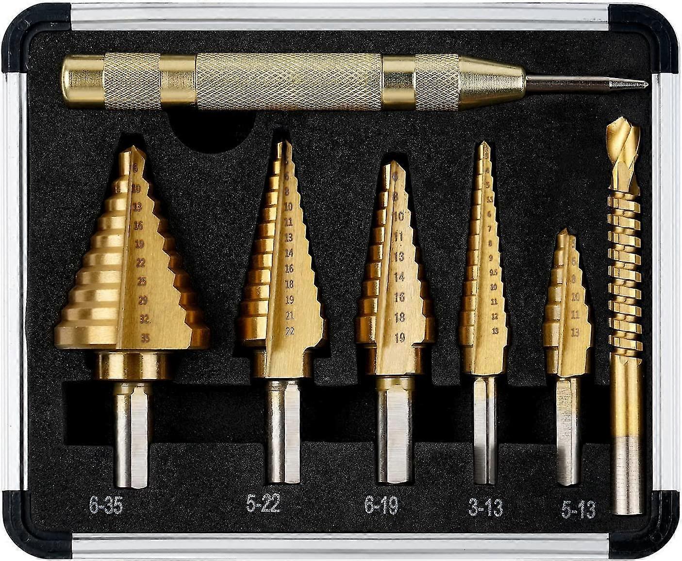 Step Drill Bit, 5pcs (5-13mm, 3-13mm, 6-19mm, 5-22mm, 6-35mm), 1 Auto Center Punch + 1 Twist Drill