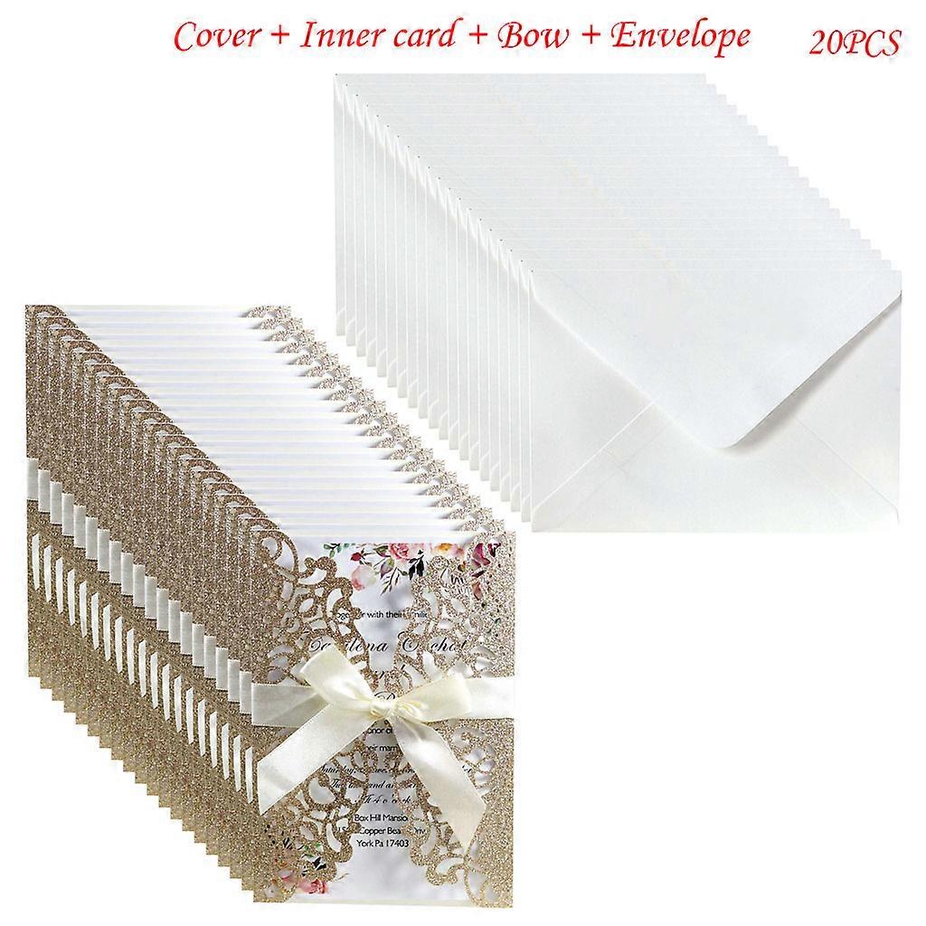 20pcsキラキラ中空招待状カード封筒リボン付き結婚式招待状ブライダルシャワーパーティー用品