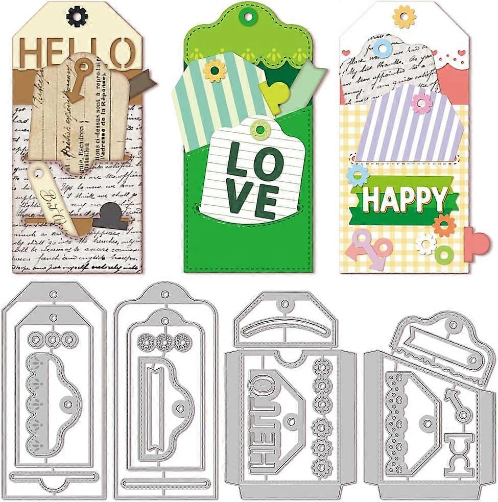 4Set 23Pcs Label Pocket Cutting Dies for DIY Scrapbooking Metal Bookmarks Bags Die Cuts Embossing Stencils Template for Paper Card Making Decoration A