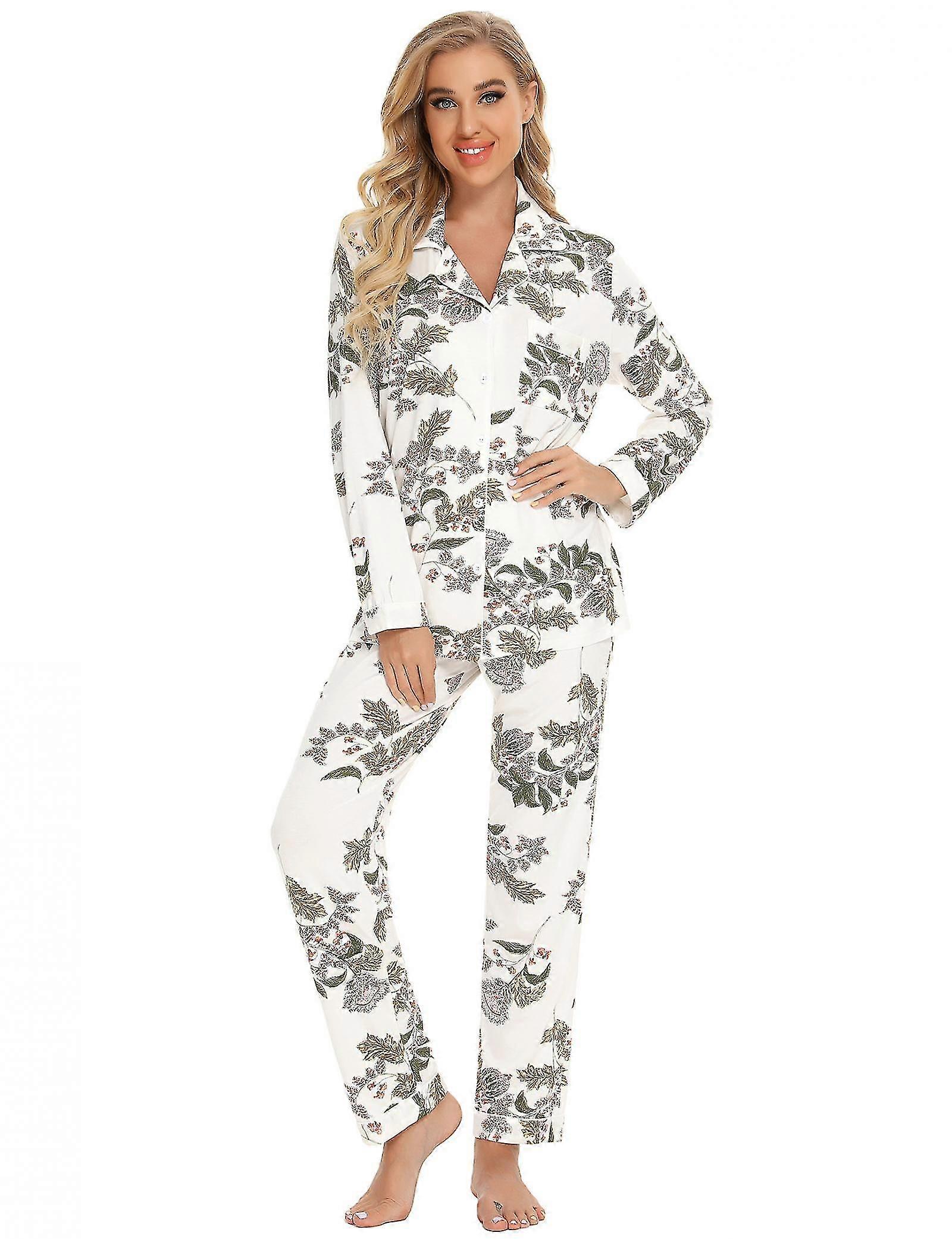 Pyjamas för kvinnor Mjuk Knapp Upp Pyjamas Set Långärmad skjorta och pyjamas Byxor Lounge Sets Julstil, XL