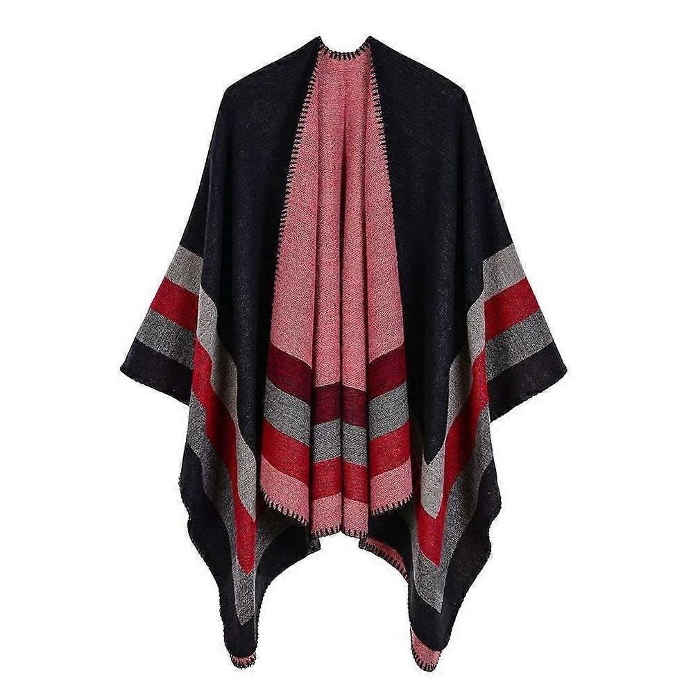 Elegant Jacquard Poncho with Strips Shawl Wrap Open Front Long Sweater Coat for Lady