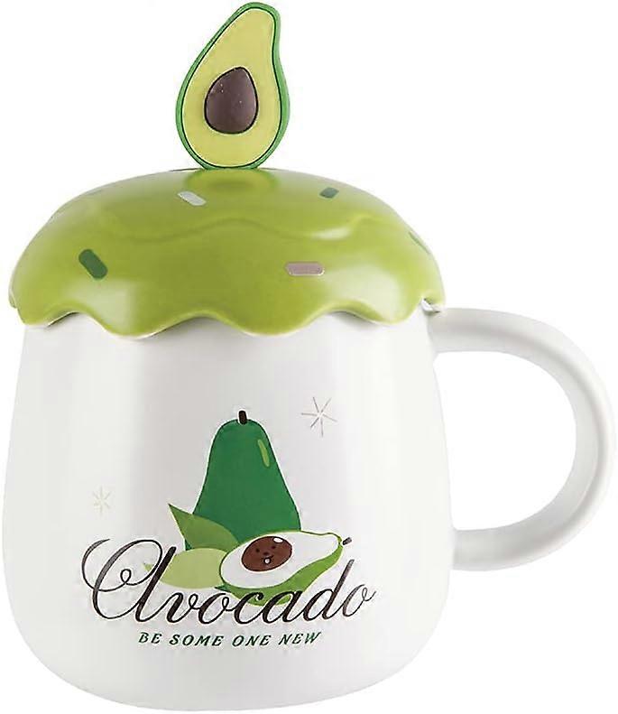 Kubek ceramiczny Kubek do kawy Kubek ceramiczny z pokrywką Łyżka Uchwyt-Awokado Kreatywny kubek na wodę z kreskówek Filiżanka herbaty Latte Mleko Cappuccino Kubek Zmywarka Czyszczenie Wysokie