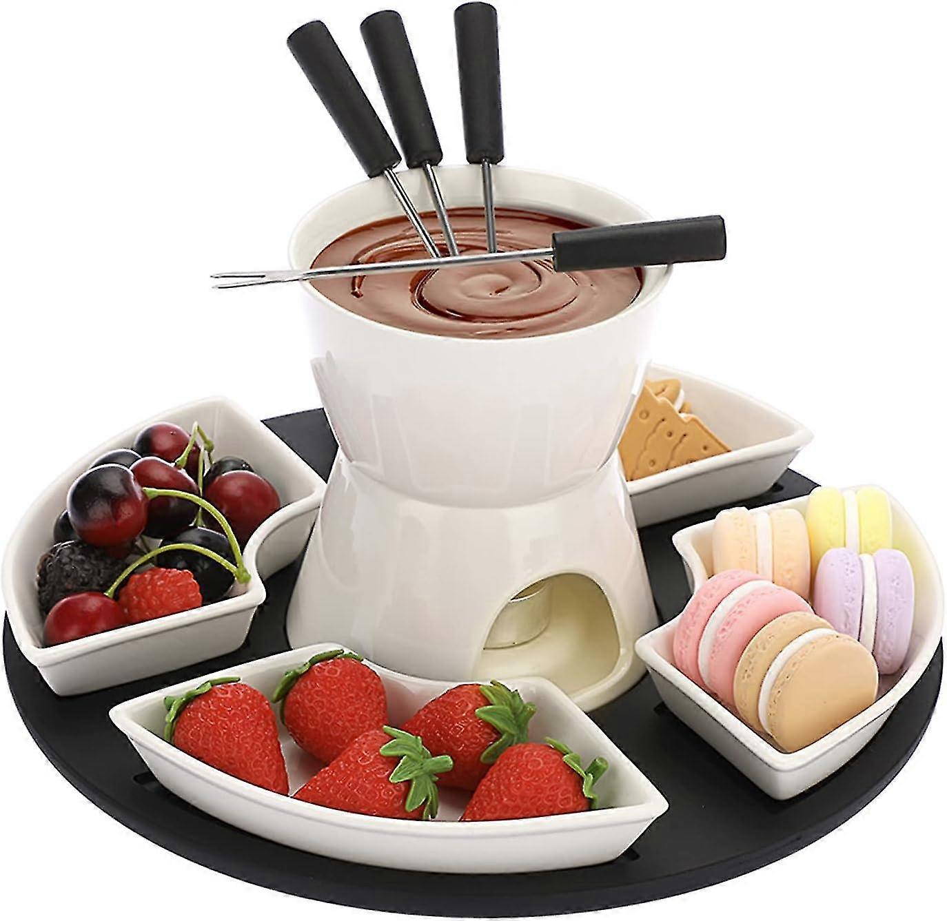 Λευκή κεραμική σοκολάτα Fondue Pot Set Cheese Ice Cream Warmer, 300ml Βούτυρο Fondue Set Tea Light Candle Fondue Pot Με Ξύλινη Παλέτα Και 4 Πιρούνια Και