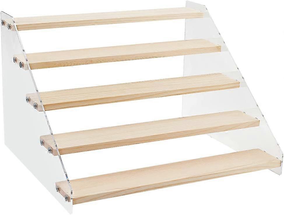 5-Tier Wooden Display Stand Step Wooden Table Display Stand Clear Acrylic Figure Display Stand Tiered Display Organizer Holder for Office Home Table T