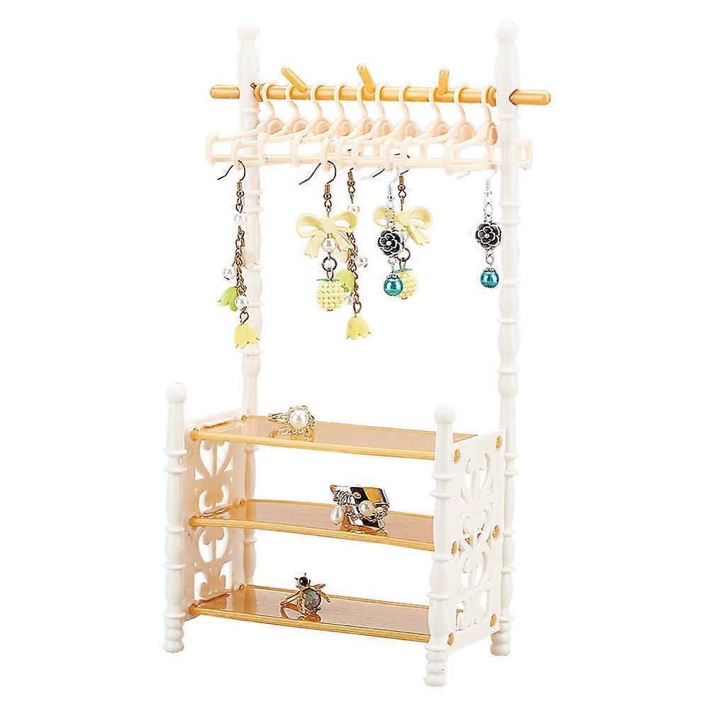 1 Set Tiny Clothes Rack with Beige Mini Hangers Small Plastic Jewerly Display Rack for Earrings and Rings Garment Rack Dress Up Rack for Miniature Hou