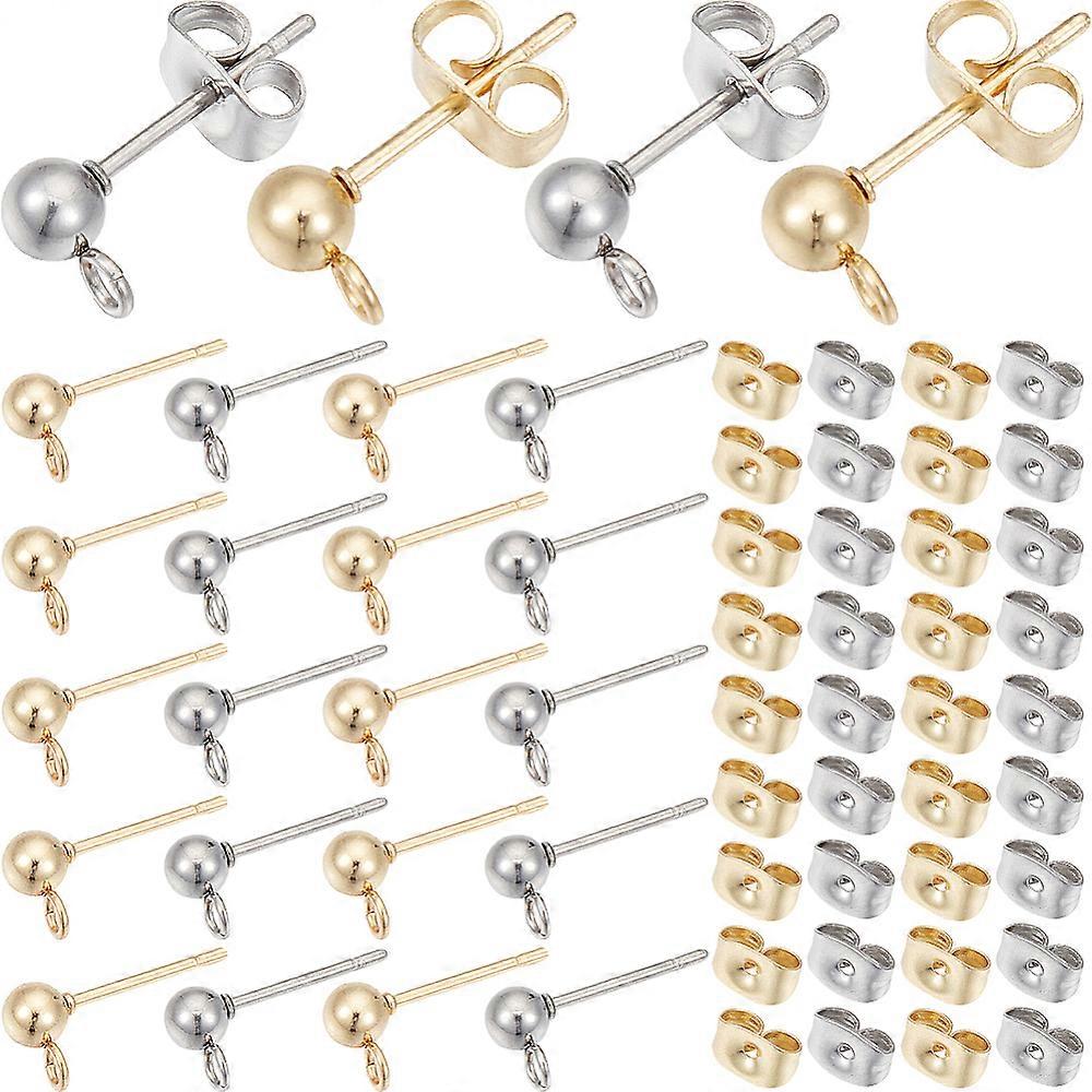 100Pcs 2 Color 304 Stainless Steel Ball Stud Earring Findings with Loop and 100Pcs Ear Nuts Golden & Stainless Steel Color 15x7x4mm Hole: 1.7mm Pin: 0