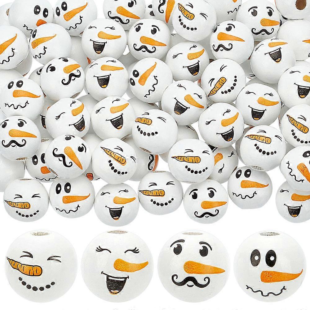 80Pcs 4 Styles Snowman Theme Printed Wood European Beads Large Hole Round Beads with Face Pattern White 15.5~16x14.5mm Hole: 4.2mm 20pcs/style