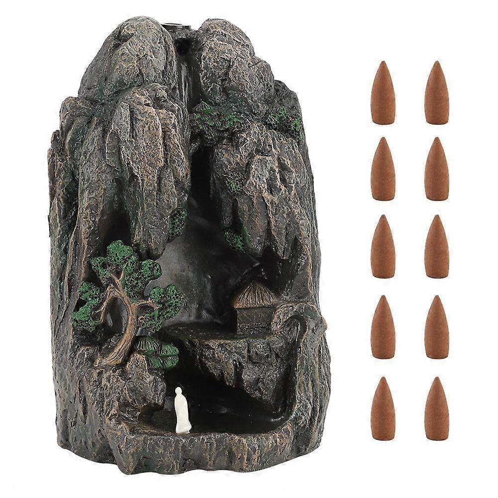 Waterfall Mountain Tower Backflow Resin Incense Burner Holder Sandalwood Furnace with 10 Cones