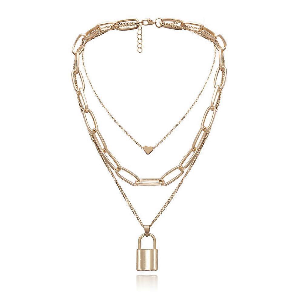 Multi-Layer Thick Chain Necklace with Heart Lock Design