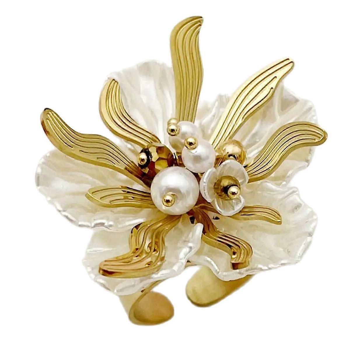 Women's Long Pearl and White Flower Stripe Pattern Ring in Stainless Steel Vintage Style for Summer Holiday Gift