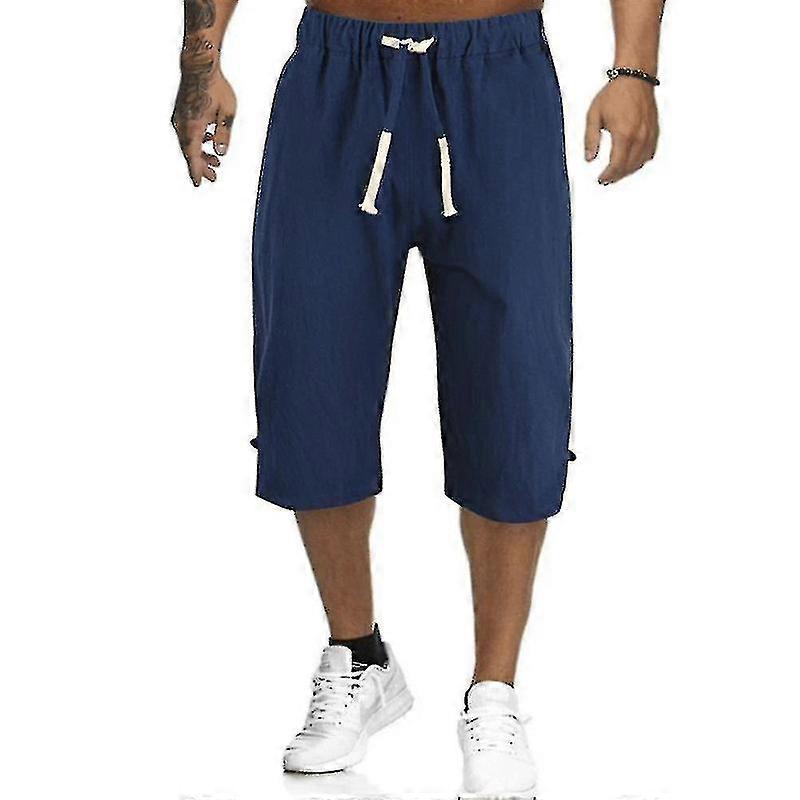Men Summer Linen Look Capri Pants Casual Elastic Waist 3/4 Length Trousers Plus Size-