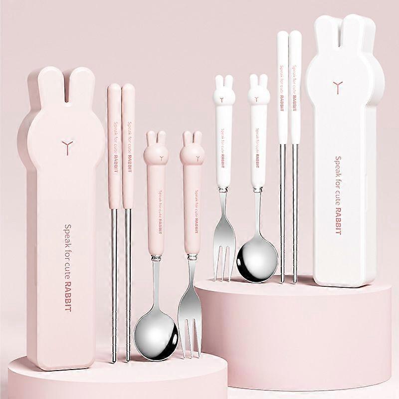 Creative cartoon bear rabbit handle portable tableware set 304 stainless steel spoon and fork chopsticks outdoor student tableware