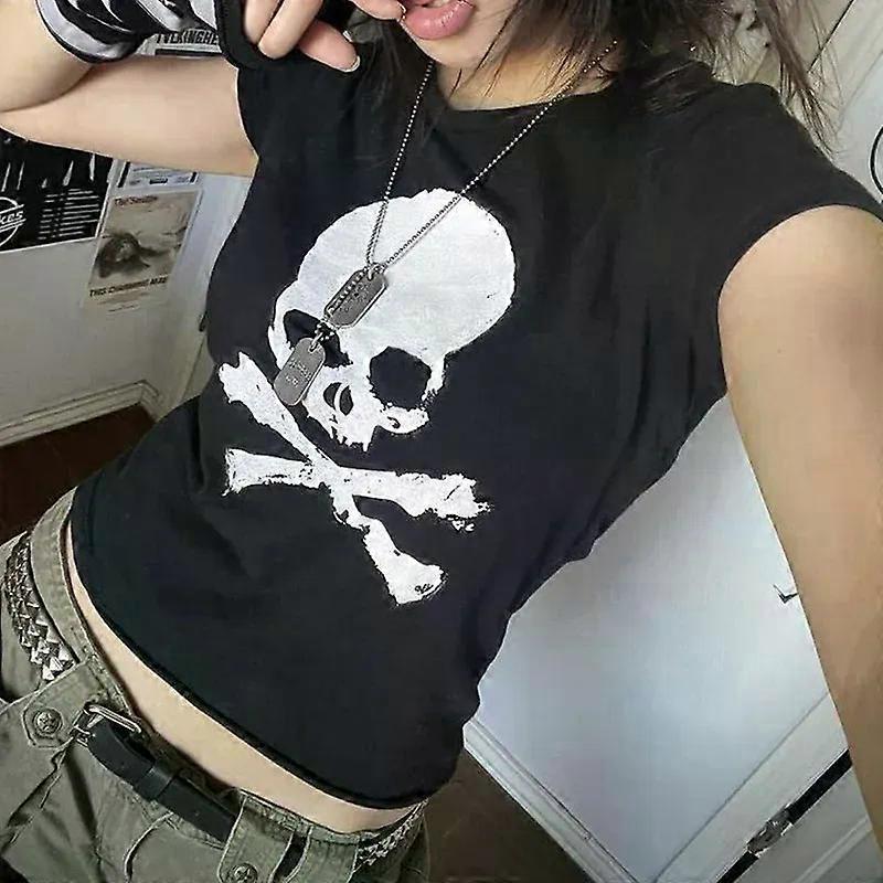 جماليات القوطية Y2k 2024 الصيف للنساء خمر قصير الأكمام تي شيرت الهيب هوب القوطي عارضة Harajuku الجرونج قمم المحاصيل طباعة الجمجمة