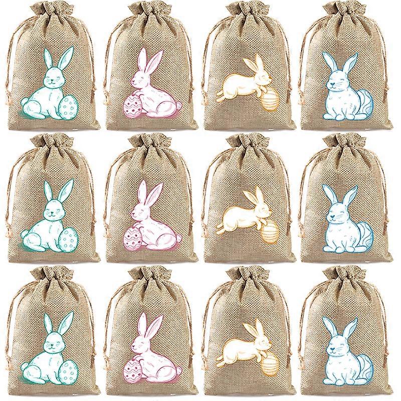 12pcs Easter Drawstring Burlap Bags Jute Linen Gift Pouches Bunny&Carrot Pattern Gift Packaging Bag Easter Party Favors 10X14cm