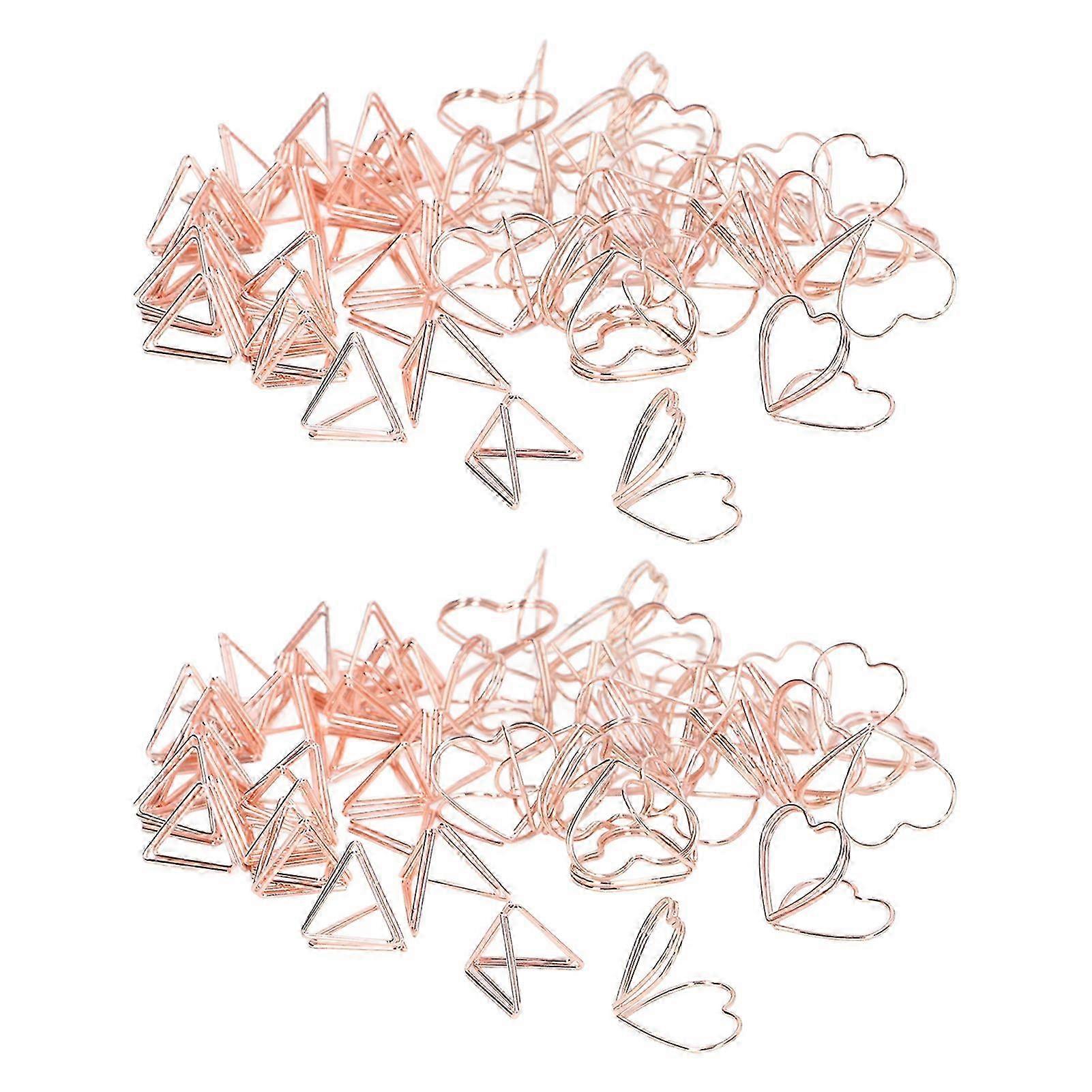 100pcs Shaped Paper Clips Triangular and Heart Type Double Layer 3D Rose Gold Metal Paper Clips for File Classification
