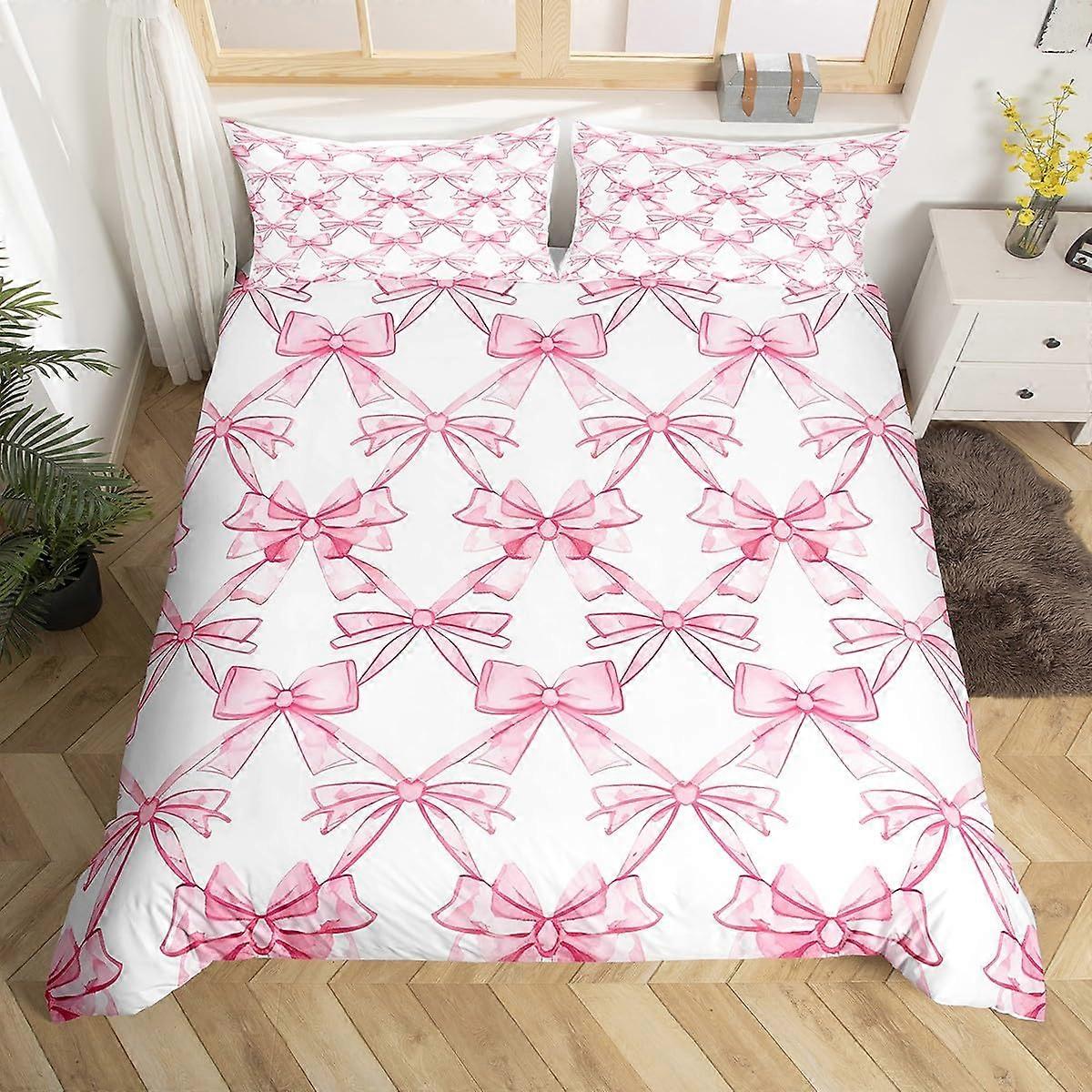 Pink Bowknot Watercolor Bow-tie Princess Style Duvet Cover Bedding Set with 2 Pillowcases Full Size