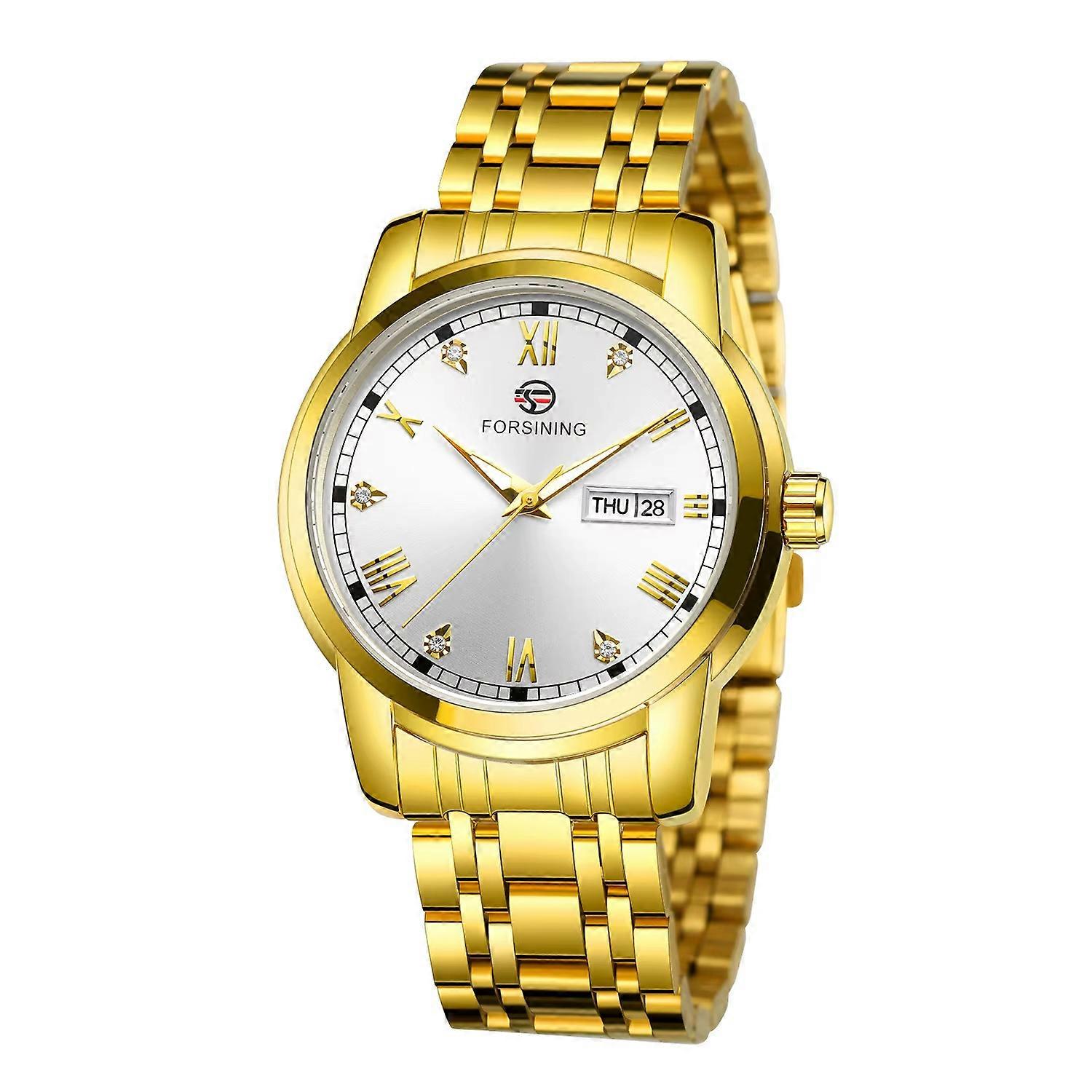FORSINING Black Watch Circular dial Week calendar display mechanical watch Steel strap Wrist Watch men's and women's watches