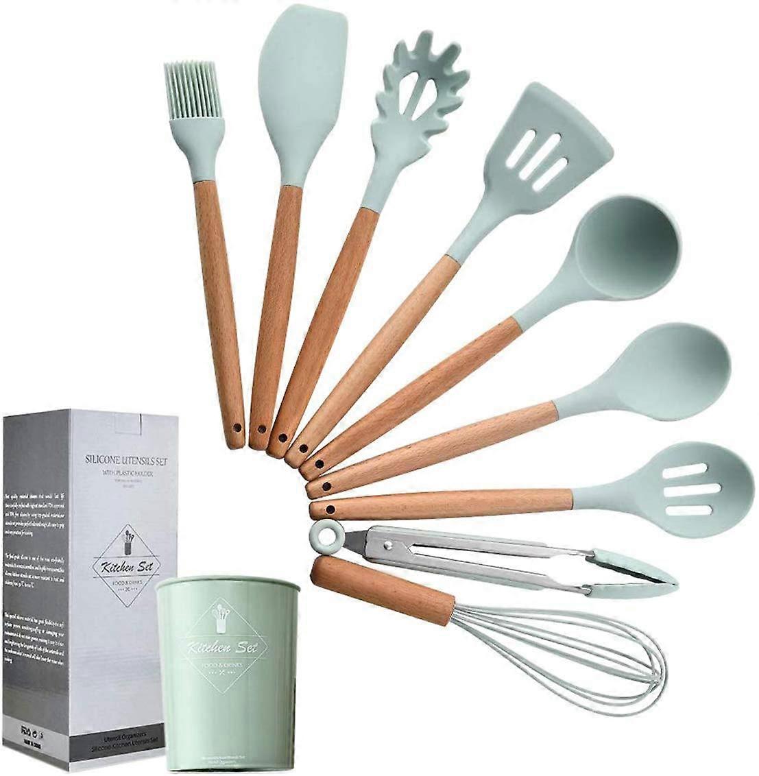 9 Pieces Kitchen Utensil Set with Natural Wooden Handles for Nonstick Cookware