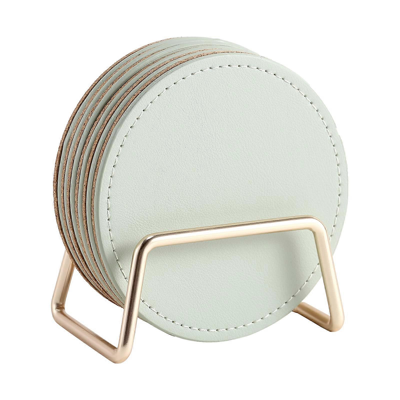 Drink Coasters Set of 6 with Metal Holder, PU Leather Absorbent Cork Base, Decorative Table Coasters for Coffee Cups
