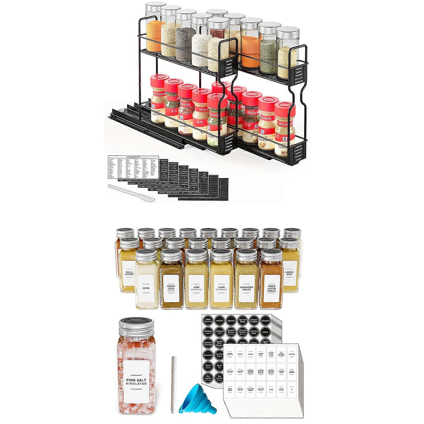 Pull Out Spice Rack Organizer for Cabinet with 2-Tier Design, 2 Drawers, 24 Spice Jars and Labels Included