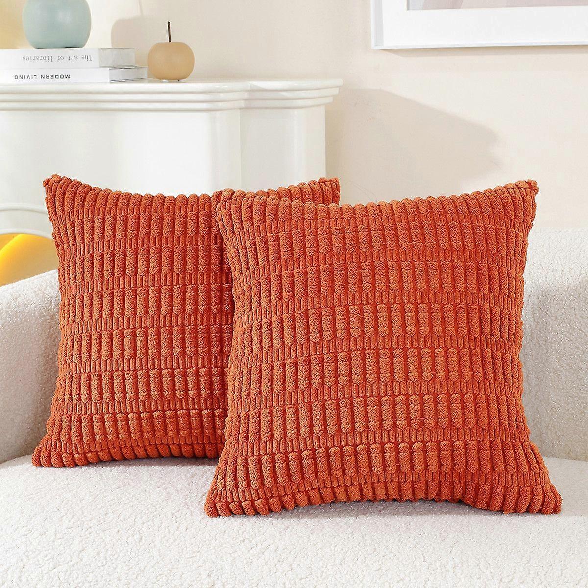 Rust Soft Corduroy Throw Pillow Covers Set of 2 with Invisible Zipper for Sofa Couch Bed,Decorative Boho Solid Square Striped Cushion Covers