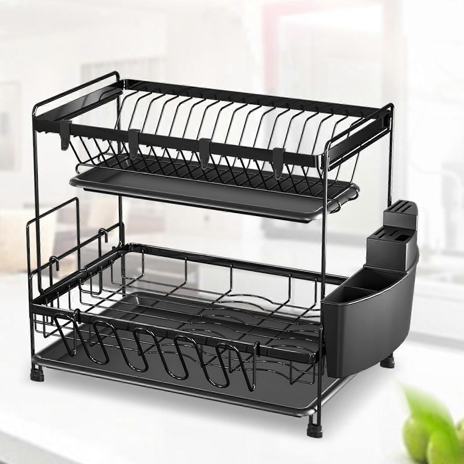 Égouttoir noir à 2 couches pour bols, plats, baguettes, couteaux et fourchettes, tasses, planches à découper