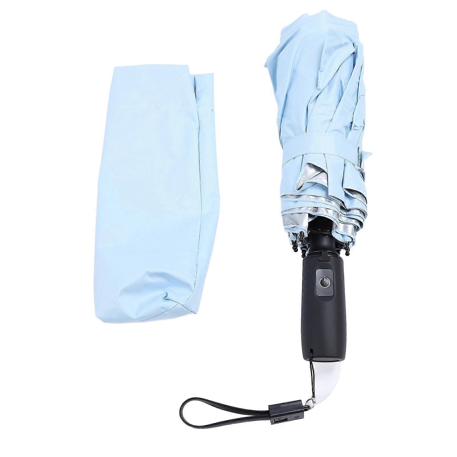 Sun Umbrella with Built In Fan USB Rechargeable Portable Safety Netting UPF 50 Rain Umbrella for Outdoor Travel Silver Sky Blue